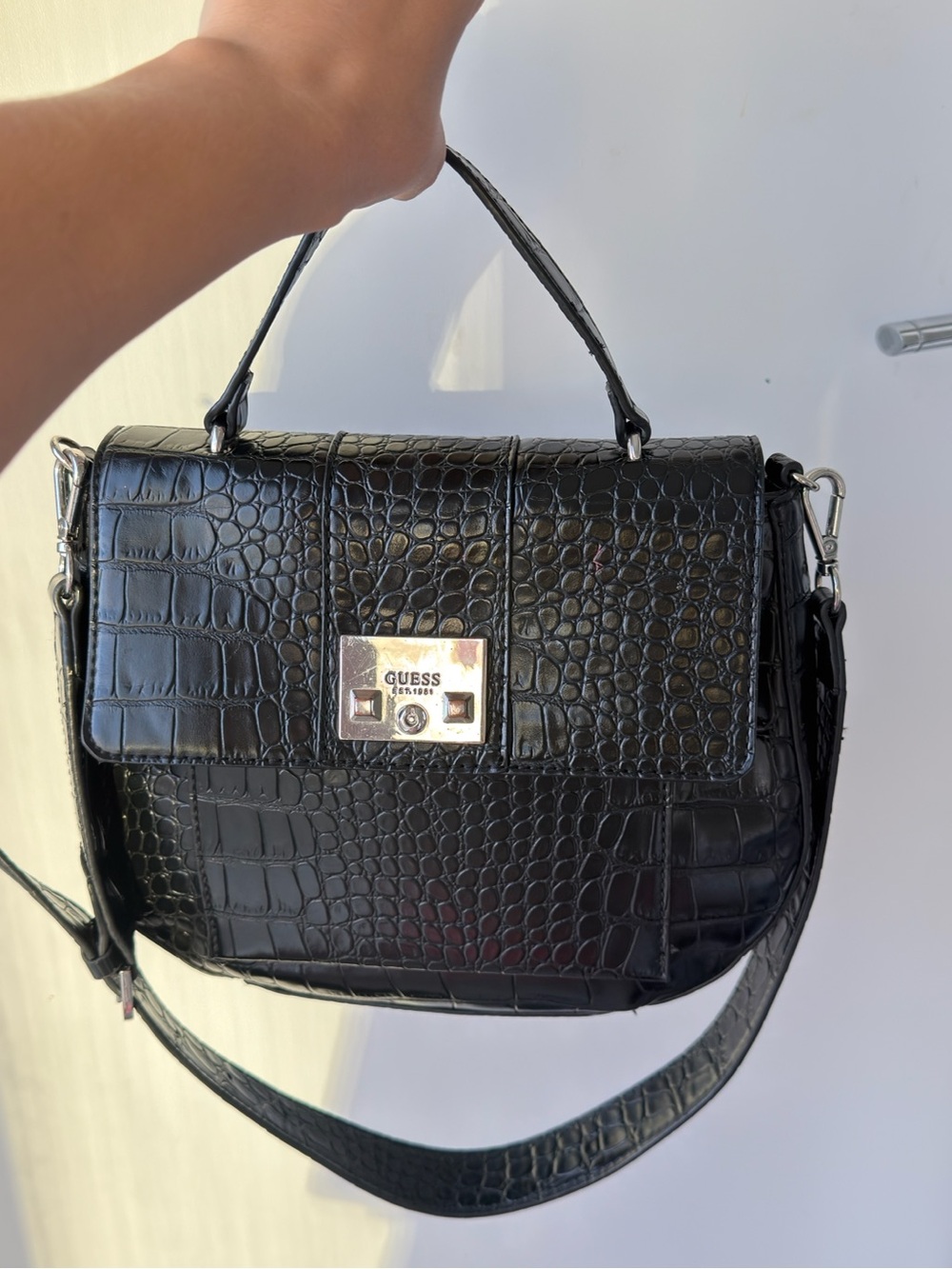 GUESS Black Croc-Embossed Top Handle Crossbody Bag